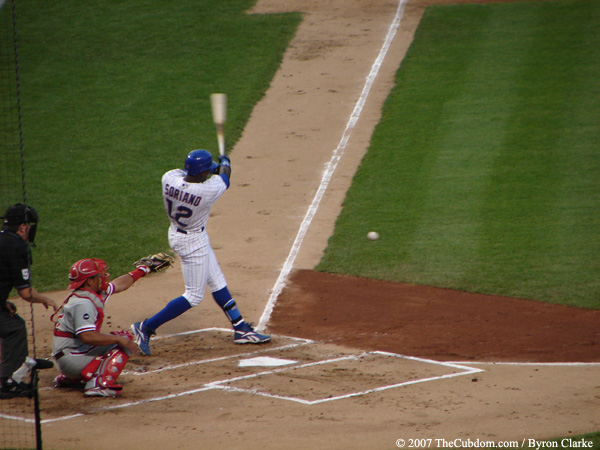 Alfonso Soriano hits a grounder